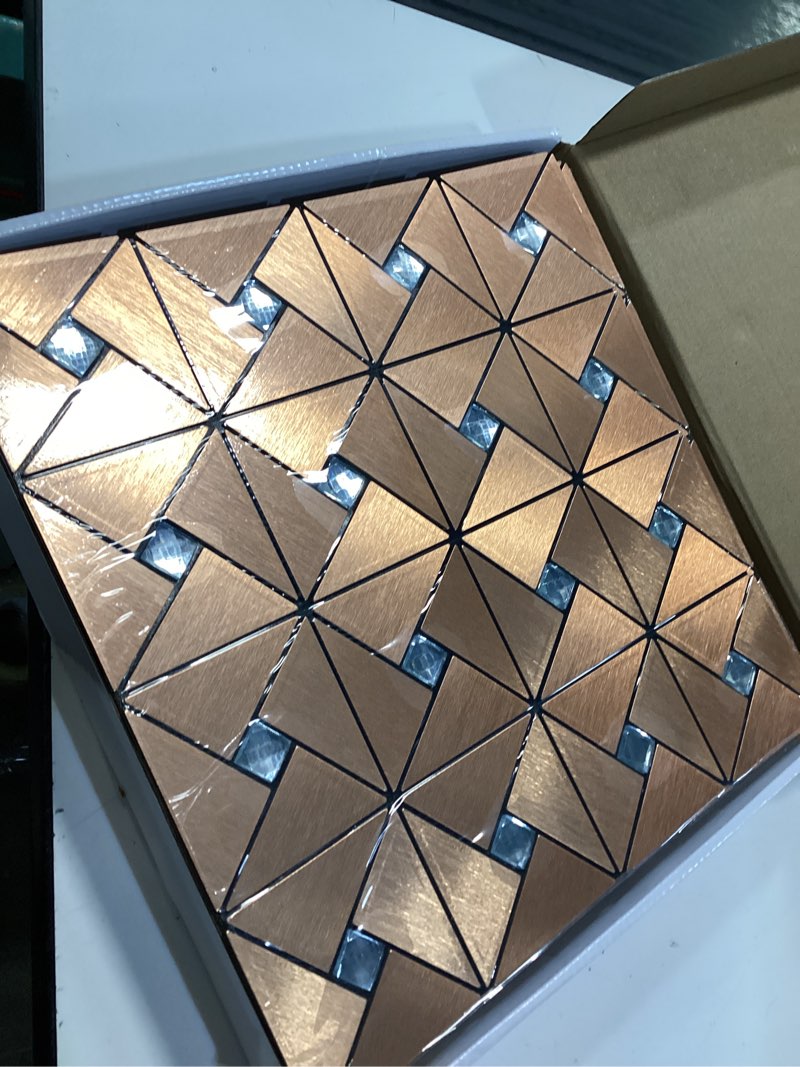 Condition photo showing Good Condition for art3d 10-sheet peel and stick backsplash metal mosaic tiles for kitchen wall decor, stick on aluminum composite tiles stikers, copper windmill puzzle glass mixed 12x12 inch copper
