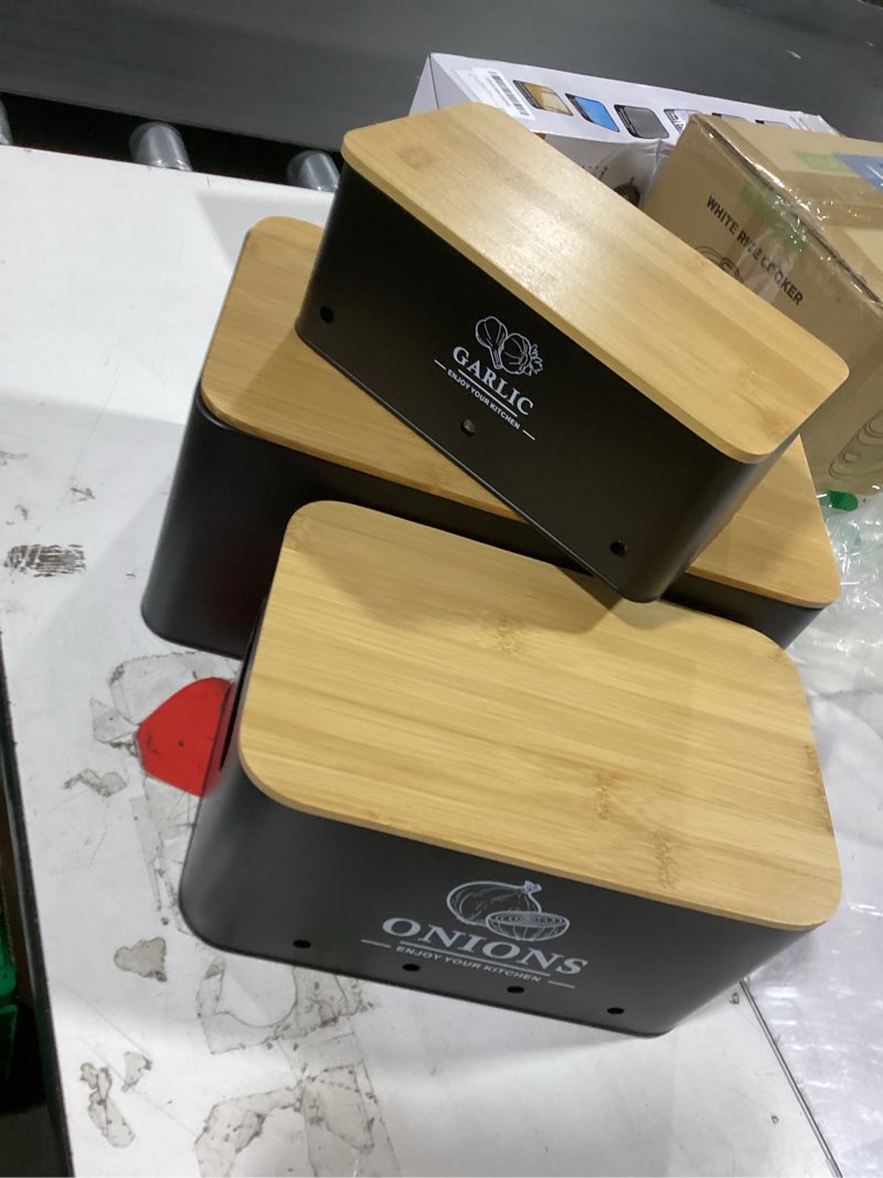 Condition photo showing Good Condition for kitchen vegetable storage set of 3, metal onion garlic potato storage set, kitchen canisters vegetable keeper containers with aerating holes and wooden lid (black)
