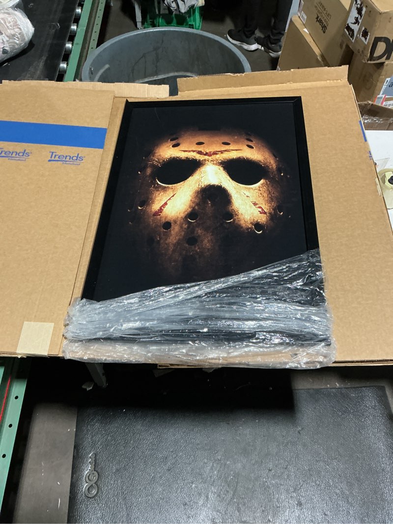 Condition photo showing As Is for friday the 13th - mask wall poster, 34l x 22.4w, black framed version black framed version 34"l x 22.4"w