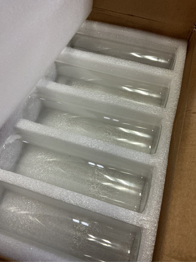 Condition photo showing New/Like New for 20 pack 5.9" tall x 1.8" diameter clear glass cylinder vases - multi-use flower vase, hurricane & floating candle holders for wedding centerpieces, home decor, table displays (20)