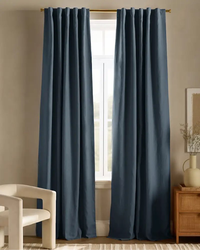 quince european linen room darkening curtain, 48x84, chambray, single panel