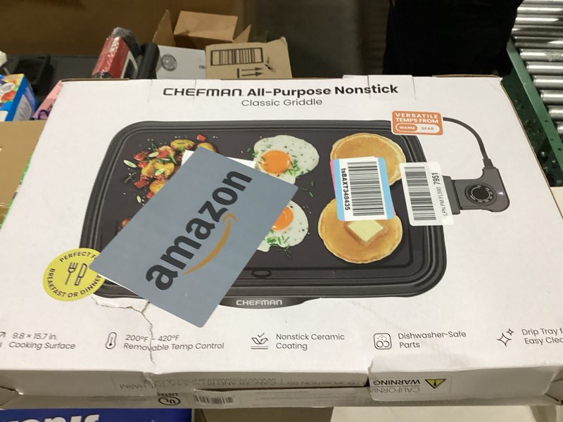 Condition photo showing New/Like New for Chefman Electric Griddle with Removable Temperature Control, Immersible Flat Top Grill, Burger, Eggs, Pancake Griddle, Nonstick Easy Clean Cooking Surface, Slide Out Drip Tray, 10 x 16 Inch 10" x 16"