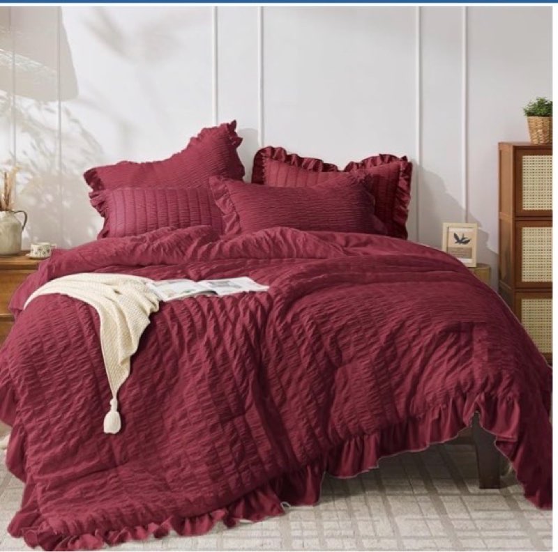  similar jollyvogue queen comforter set, 3 pieces burgundy seersucker comforters queen size, lightweight & fluffy bedding sets for all season with 1 ruffle comforter and 2 ruffle pillowshams