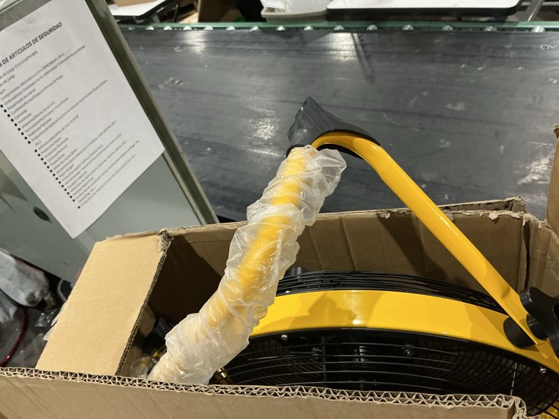 Condition photo showing As Is for solar rechargeable floor fan 14-inch with solar panel(color yellow))