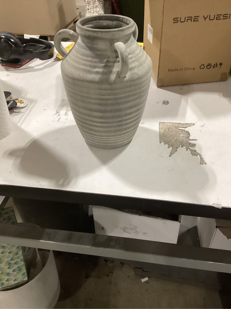 Condition photo showing New/Like New for Grey Terracotta Ceramic Vase with Handles, Vintage Rustic Pottery Vases for Table Centerpiece, Cottage Core Home Decor, Large Flower Vases for Bouquet Entryway Mantel Bookshelf Living Room 8.9 Inch Terracotta-3