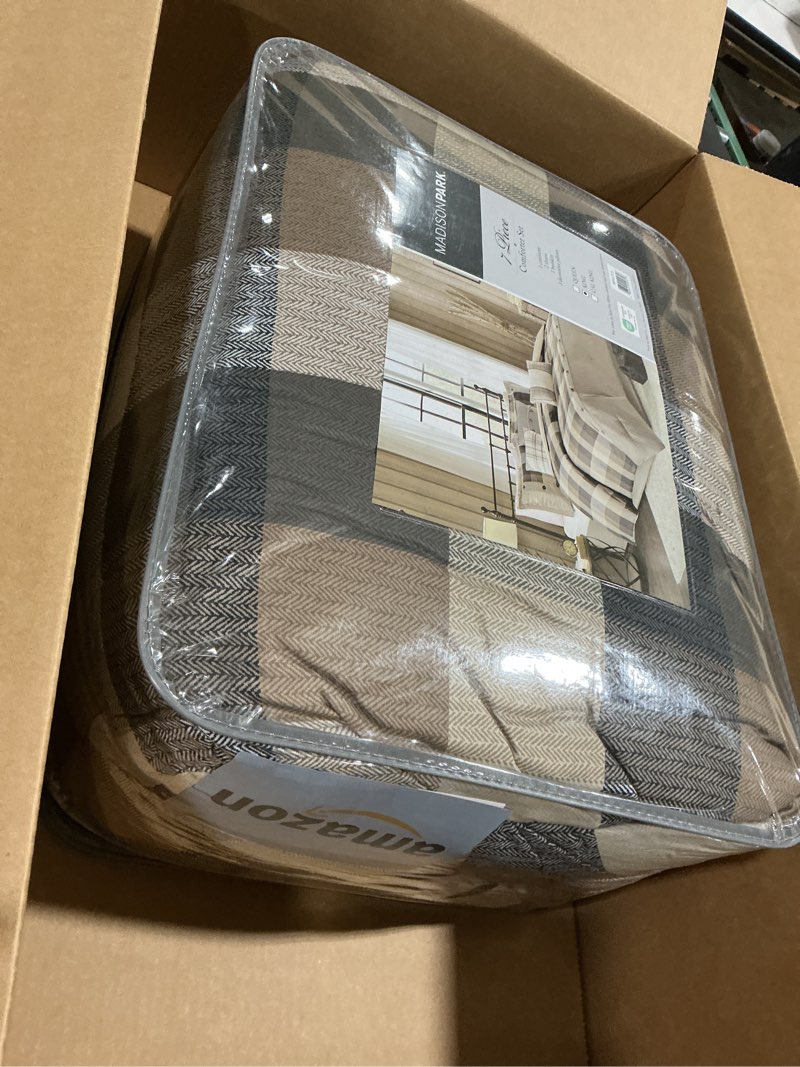 Condition photo showing As Is for Madison Park Ridge Comforter Set-Cabin Lodge Plaid Herringbone Design All Season Down Alternative Cozy Bedding with Matching Bedskirt, Shams, Decorative Pillow, King(104"x92"), Neutral 7 Piece