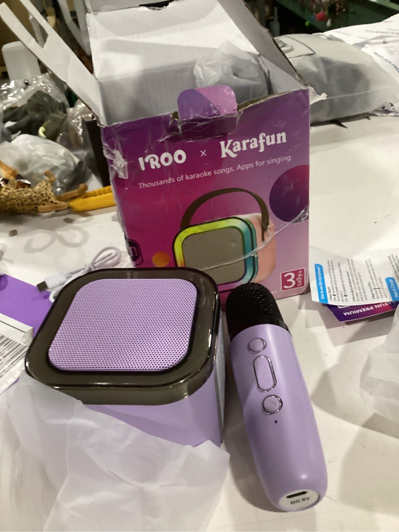 Condition photo showing New/Like New for mini karaoke machine for kids, 2026 top toys birthday valentine's day gifts ideas for girls ages 4, 5, 6, 7, 8, 9, 10, 12+ years old, portable mp3 player with 2 wireless mics for family home party purple