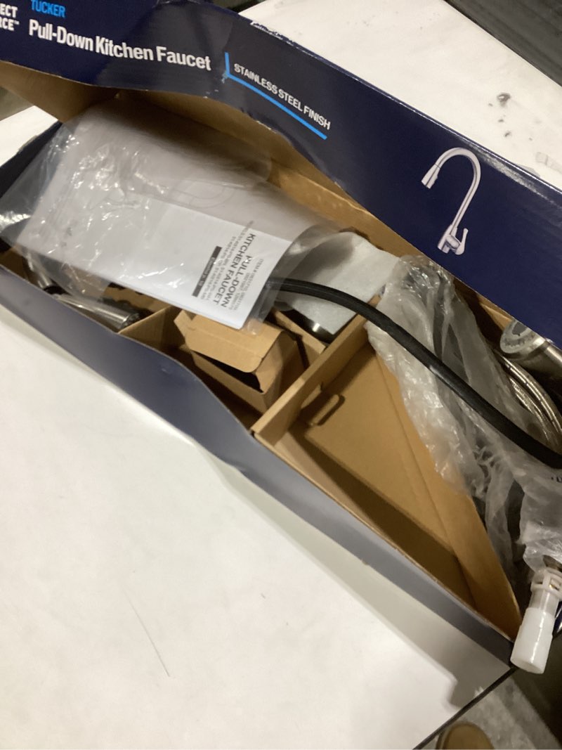 Condition photo showing As Is for Project Source Brushed Nickel 2-Handle Deck Mount Pull-Down Kitchen Faucet