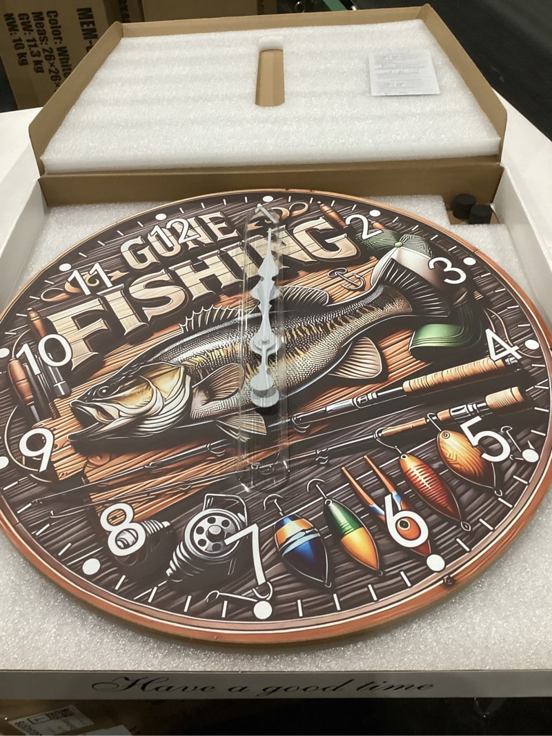 Condition photo showing New/Like New for 20 Inch Extra Large Wall Clocks for Living Room Decor Battery Powered Wall Clock Silent Fish Analog Clock for Wall(No Solid Wood, It is with MDF Material) 20 Inch Brown2