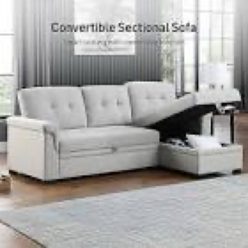 Incomplete box 1 only )Lilola Home Lucca 84\\\" Reversible Sleeper Sectional Sofa with Pull-Out Bed & Storage Chaise,  Linen Fabric, Tufted Ba, Modern Compact Couch for Living Room, Easy Assembly