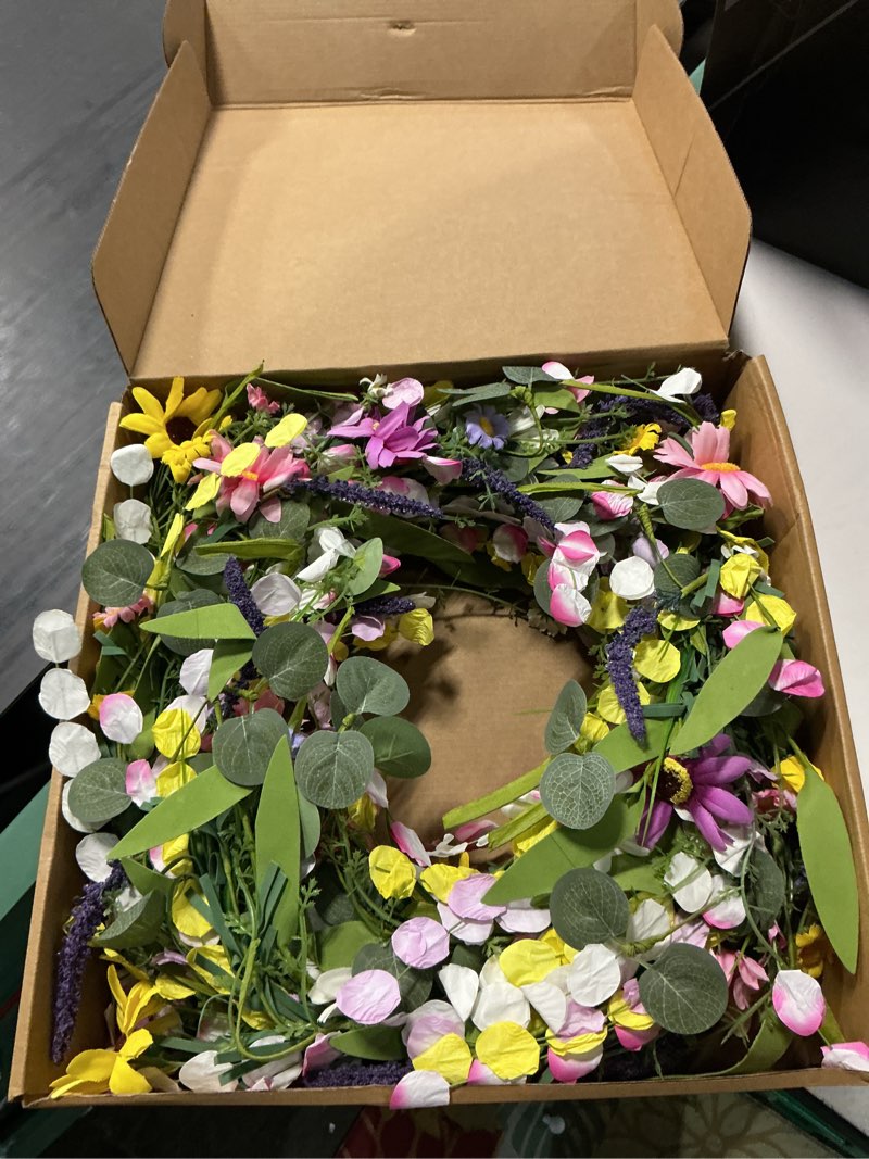 Condition photo showing Good Condition for yawwind 22 inches summer wreaths for front door spring flower wreaths summer door wreath colorful wildflower wreath with daisy lavender for window indoors outdoor decor
