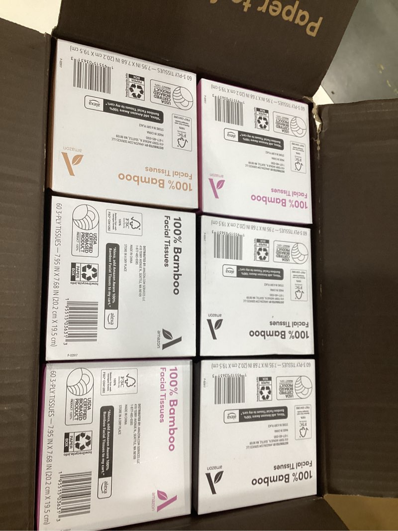 Condition photo showing New/Like New for amazon aware 100% bamboo facial tissues, 3-ply, fsc certified, 12 pack, 60 sheets per box, 720 total