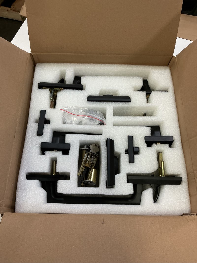 Condition photo showing Good Condition for Double Front Door Lock Set, Keyed Entry Front Door Handleset with Dummy, Square Heavy Duty Door Lever and Single Cylinder Deadbolt Combo, Matte Black Matte Black Double Square Handles