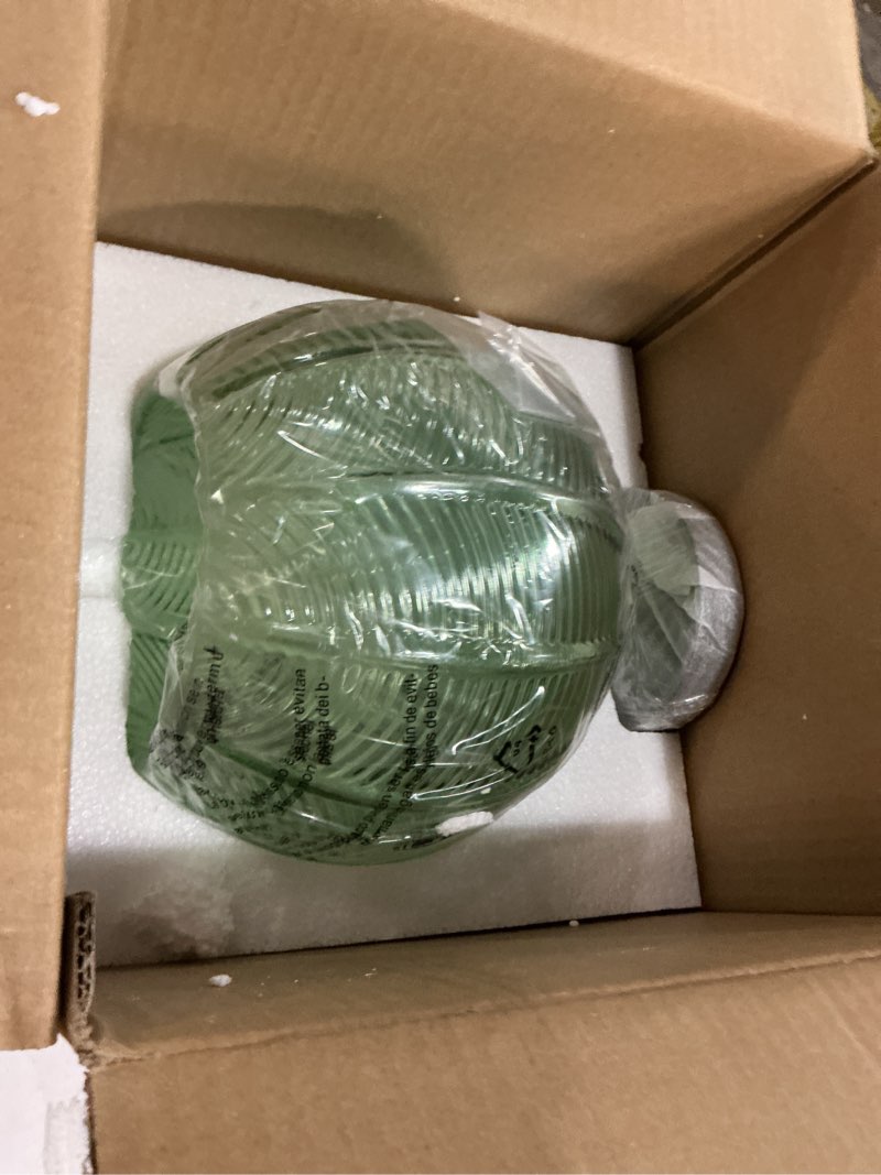 Condition photo showing Good Condition for 9.8'' Green Glass Pendant Lighting, Single Large Globe Chandelier with Ribbed Glass Lampshade, Nordic Ceiling Hanging Ball Light Fixture for Kitchen Island, Dining Living Room, Bedroom Green 1-Light