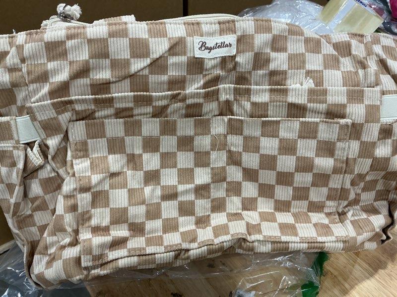 Condition photo showing Good Condition for bagstellar corduroy tote bag for women, 17 pockets laptop work tote bag lightweight teacher nurse bible bag for school travel | with 40oz cup holder, multi compartment, zipper crossbody bag, college shoulder bag, daily purse w/ strap, ideal gift for women beige checkered