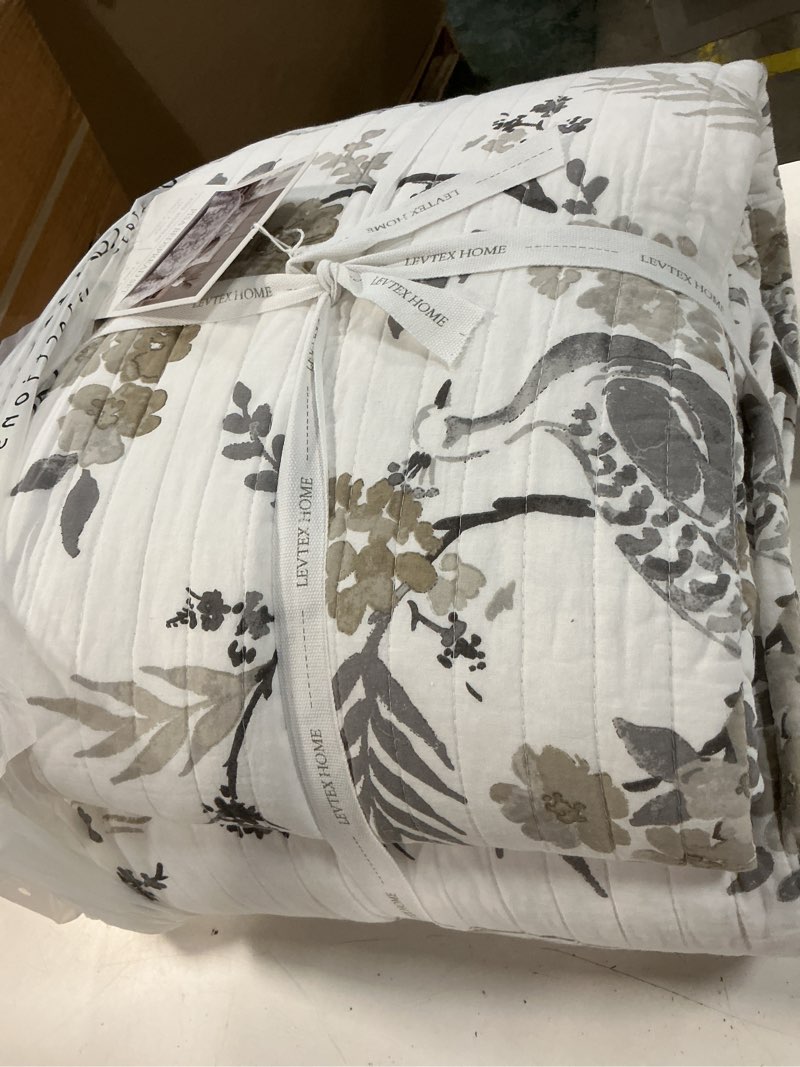 Condition photo showing New/Like New for levtex home pisa reversible king bedspread set (120x106in) with 2 pillow shams (36x20in) - floral peacock - grey, taupe - cotton king size bedspread set - soft, pre-washed bedspread king