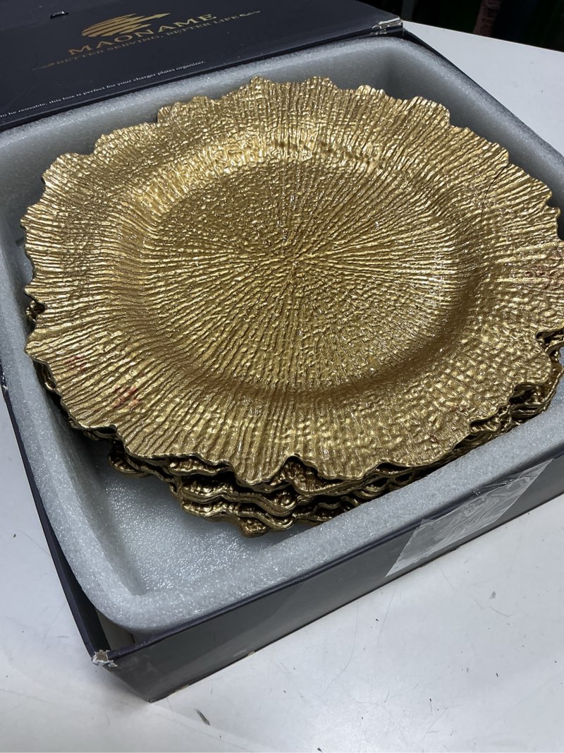 Condition photo showing New/Like New for maoname 13" gold charger plates, round reef chargers for dinner plates, plastic plate chargers for table setting, wedding decor, set of 12 12 gold
