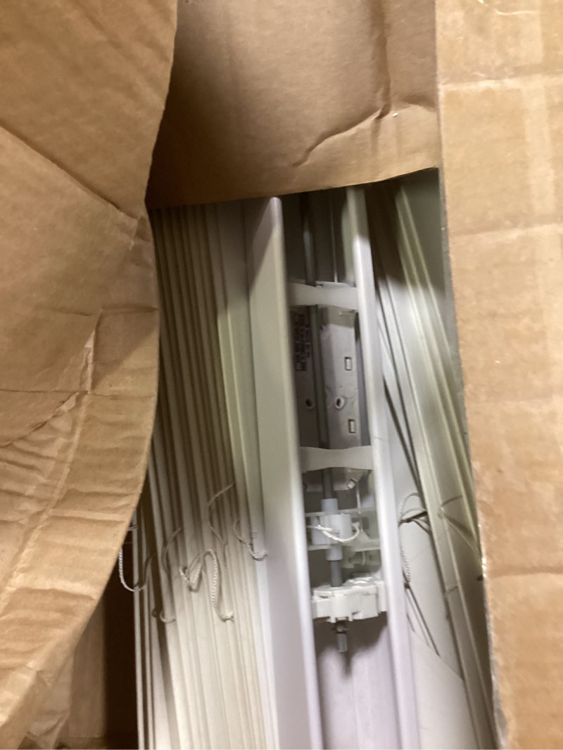 Condition photo showing As Is for damaged cordless white 1\" room darkening vinyl mini blinds, 20\" w x 72\" h horizontal window blinds for home, cordless shades for indoor windows white 20\"w x 72\"h