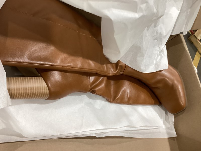 Condition photo showing New/Like New for coutgo womens knee high boots chunky block heels square toe side zipper faux suede fall winter comfort boot 7.5 beige