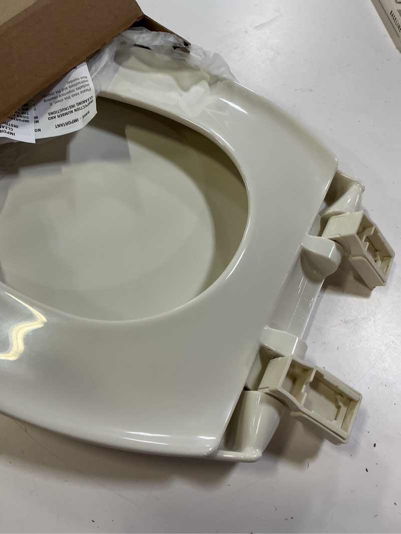 Condition photo showing Good Condition for bemis aurora slow close toilet seat, easy clean hinges and adjustable perfect fit plastic seat, made in usa, elongated, biscuit elongated biscuit