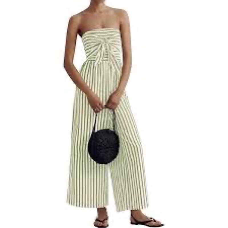Anoumcy Strapless Tie Front Striped Jumpsuit Long Rompers for Women 2025 Summer One Piece Jumpsuits 