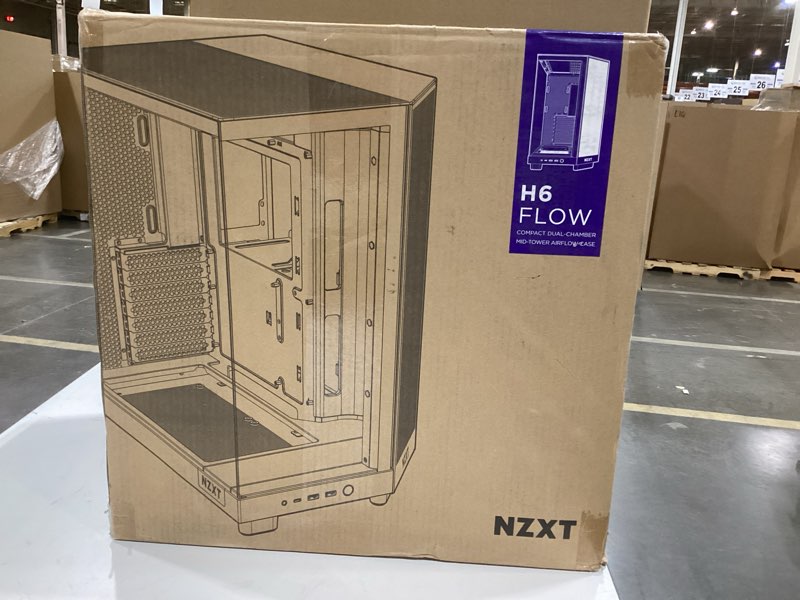 Condition photo showing As Is for incomplete nzxt h6 flow | cc-h61fb-01 | compact dual-chamber mid-tower airflow case | panoramic glass panels | high-performance airflow panels | includes 3 x 120mm fans | cable management | black h6 flow non rgb fans black