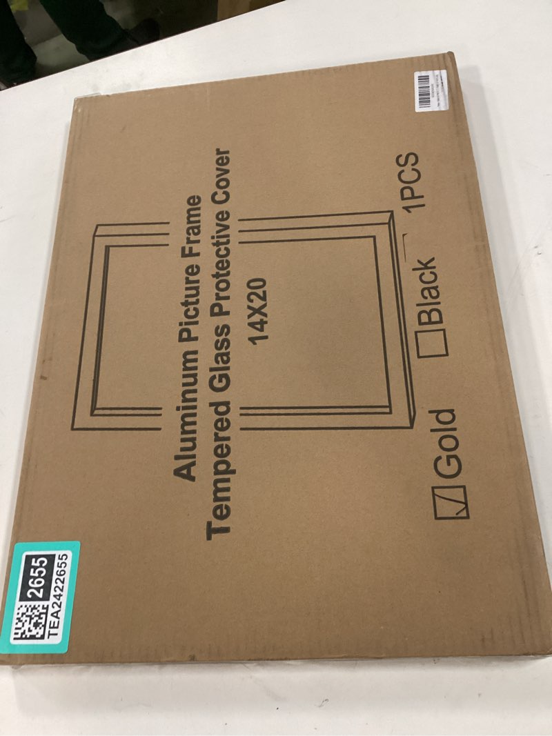 Condition photo showing New/Like New for 14x20 Aluminum Metal Picture Frame,Tempered Glass Gold Photo Frame 14x20 for Family Photo,Posters,Art,Document to Wall Mount Horizontally or Vertically 14x20 Gold