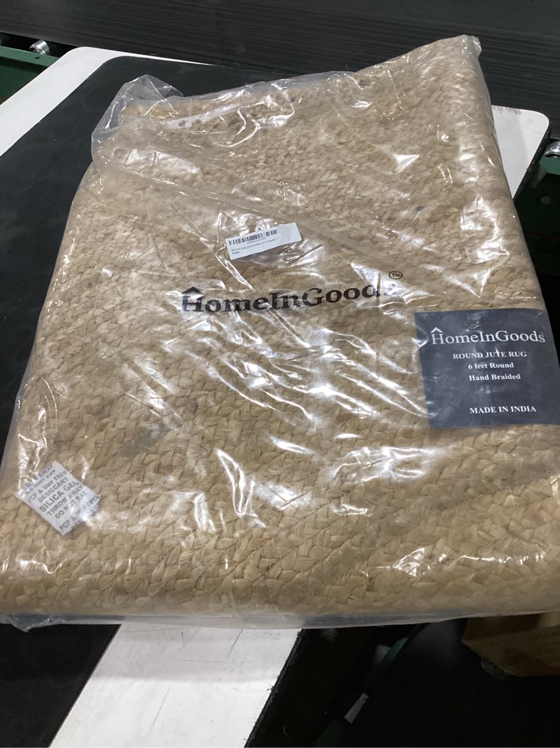 Condition photo showing As Is for homeingoods jute braided rug, 6' round natural, hand woven area rugs for kitchen living room entryway, 6 feet round