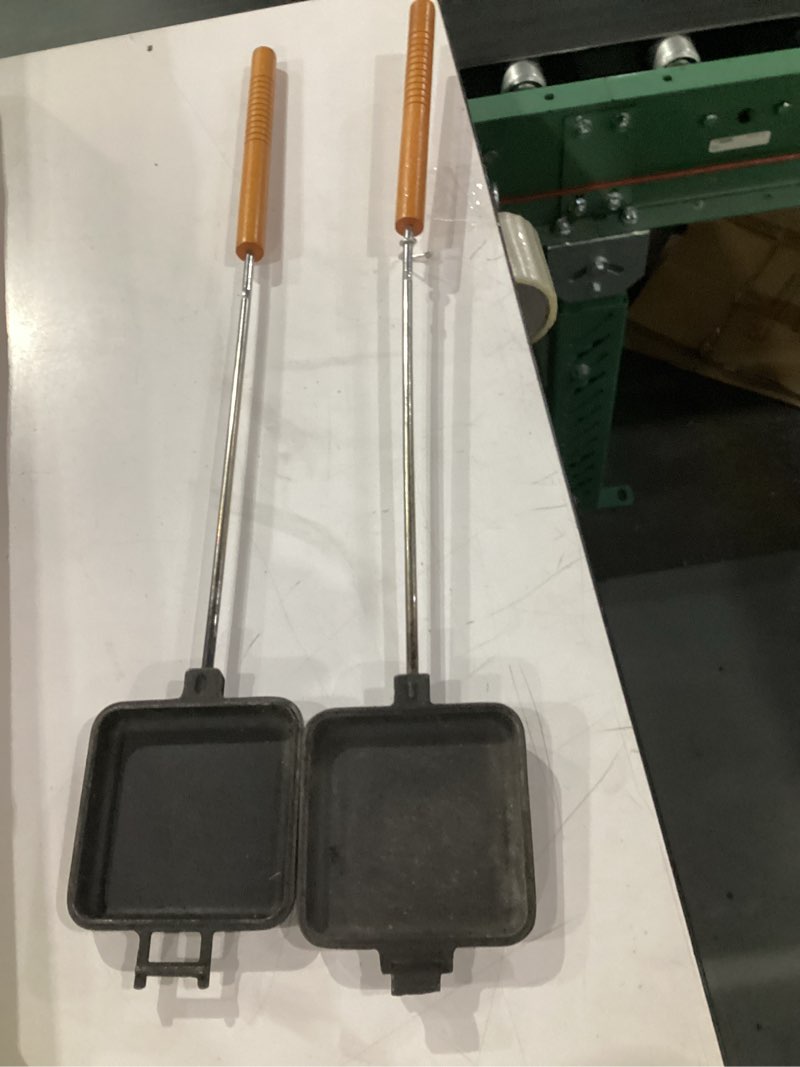 Condition photo showing As Is for petromax sandwich pie iron, hinged cast iron for campfire cooking, wooden handles sandwicheisen