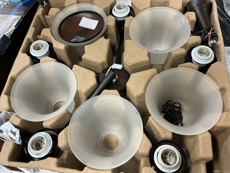 Condition photo showing As Is for project source roseall 5-light oil-rubbed bronze modern/contemporary chandelier