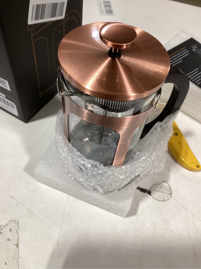 Condition photo showing Good Condition for BAYKA 34oz 1 Liter French Press Coffee Maker, Coffee Lover Gifts Basket Set, Heat Resistant Thickened Borosilicate Glass Stainless Steel Brewer, Cold Brew Cafetera Teapot for Kitchen, Copper Copper 34 oz