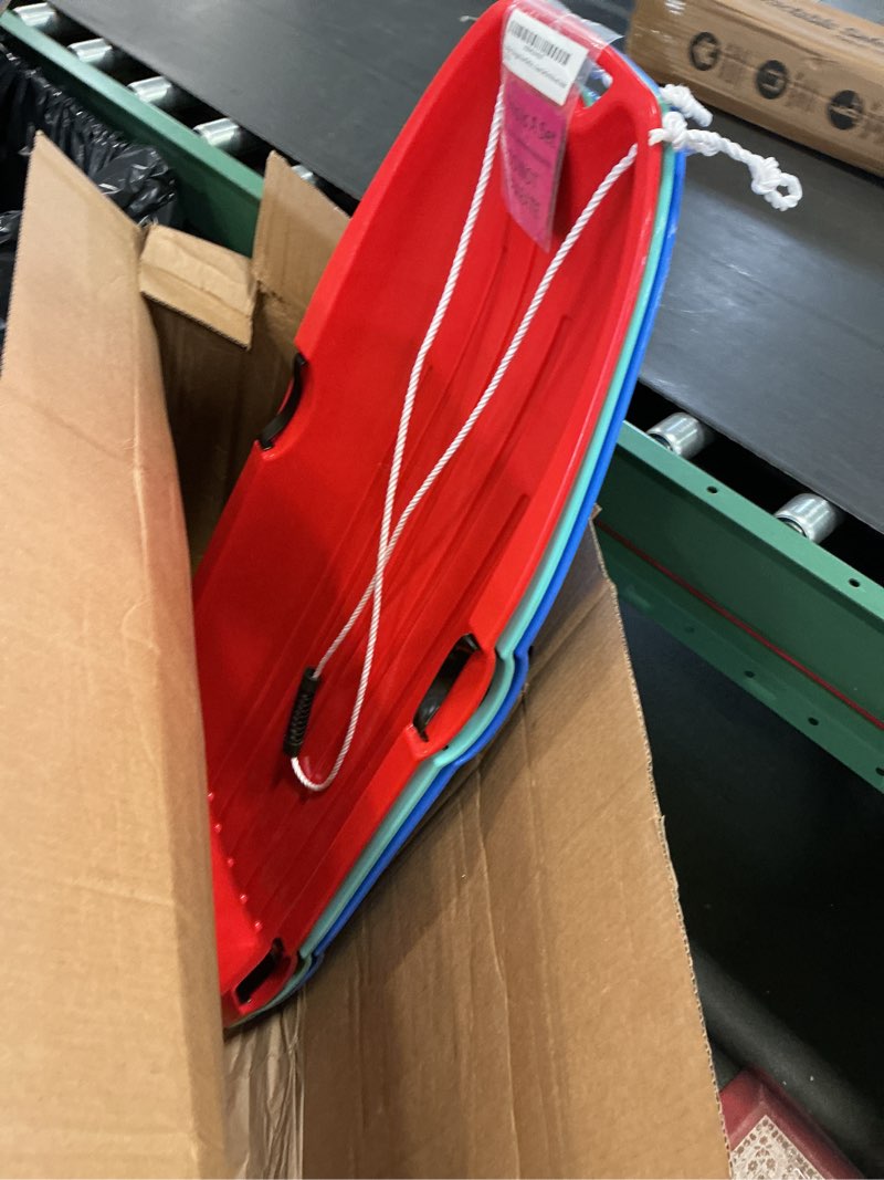 Condition photo showing New/Like New for Toboggan Snow Sled for Adults, 48in Plastic Sleds with Pull Rope and 4 Handles, Outdoor Plastic Snow Sled for Kids and Adults Blue/Green/Red