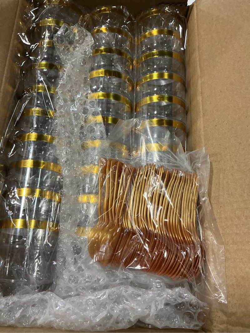 Condition photo showing New/Like New for 120 pcs plastic dessert cups with gold spoons, 5oz clear dessert parfait cup appetizer pudding cup, round serving goblet cups with gold rim shot glasses birthday party events supplies (60pack) round goblet with gold rim-60pack