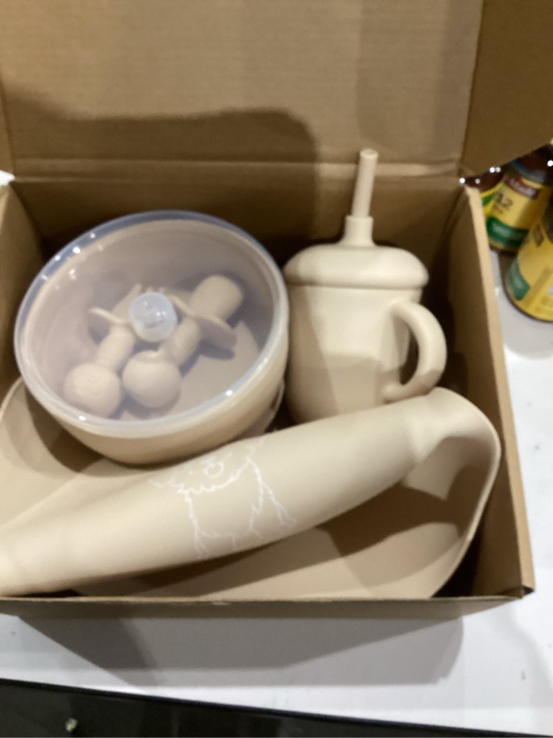 Condition photo showing Good Condition for LITTLE RAWR Silicone Baby Feeding Baby Led Weaning Supplies, Baby Spoons Suction Bowl Divided Plate Bib Cup Finger Brush,First Stage Solid Food Eating Utensils - 6+ Months(Beige)