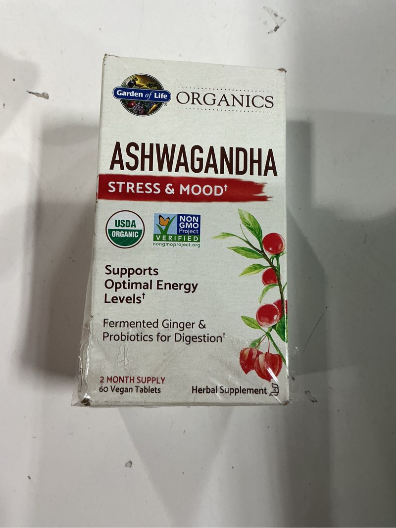 Condition photo showing New/Like New for Garden of Life Organic Ashwagandha Supplement with Probiotics & Ginger - Stress, Mood & Energy Support, Vegan, Gluten Free, Non GMO, 2 Month Supply, 60 Tablets ( BB 03/2026) 