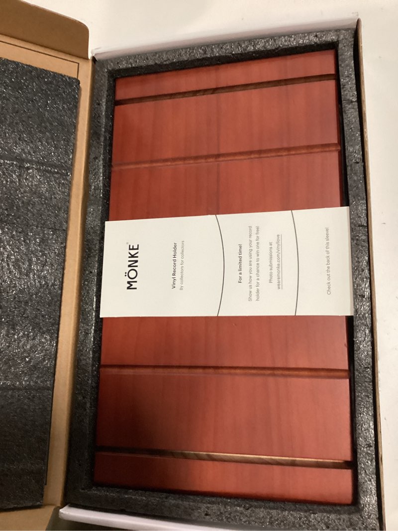 Condition photo showing New/Like New for premium vinyl record storage - a mid-century style record holder for albums, 60-70 lp capacity - complements any record player (brown) brown 60-70 lp