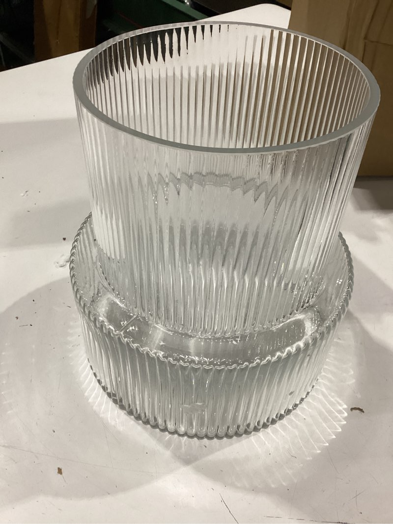 Condition photo showing New/Like New for ribbed glass vase, large glass vase for flowers, fluted glass vases, clear glass vases for living room, office, dining table, entryway, mantle, shelf, wedding, 9 inches clear ribbed 9 inches