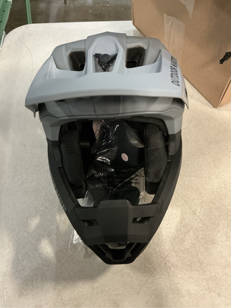 Condition photo showing New/Like New for outdoormaster full face mountain bike helmet, lightweight for bmx/dh | pc + epp, 27 vents, removable liner, 2 d-rings, goggle strap channel, pivoting visor, fits 57-62cm, for downhill/bmx/mtb