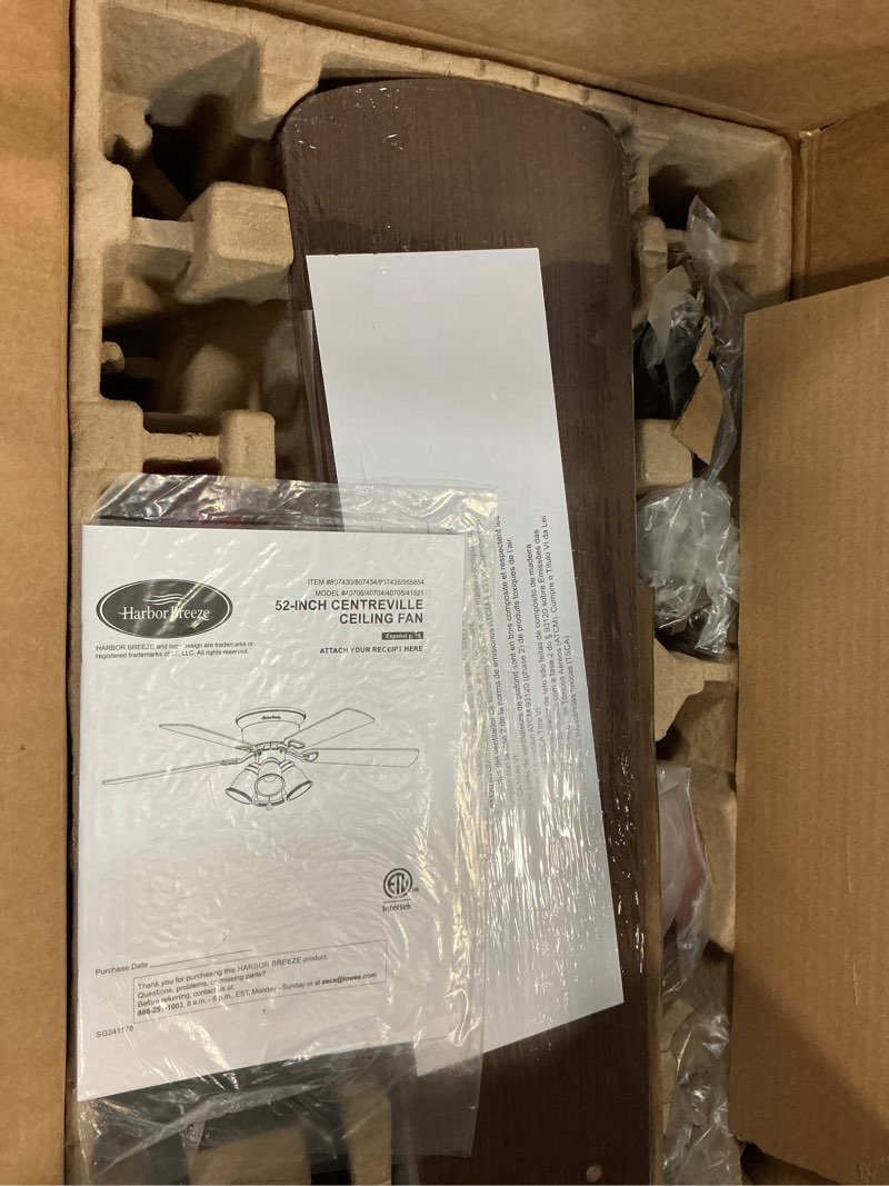 Condition photo showing Good Condition for harbor breeze centreville 52-in brushed nickel with nutmeg/cocoa blades led indoor flush mount ceiling fan with light (5-blade)