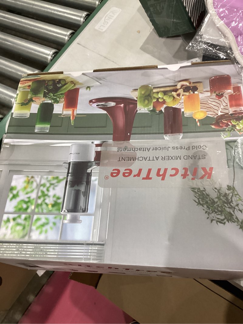 Condition photo showing Good Condition for Masticating Juicer Attachment for KitchenAid Stand Mixer, 4.2" Large Feed Chute Fit Whole Vegetables & Fruits, Slow Cold Press Juicing, Includes 2 * 28oz capacity cups Juicer Attachment Set 4.2inch