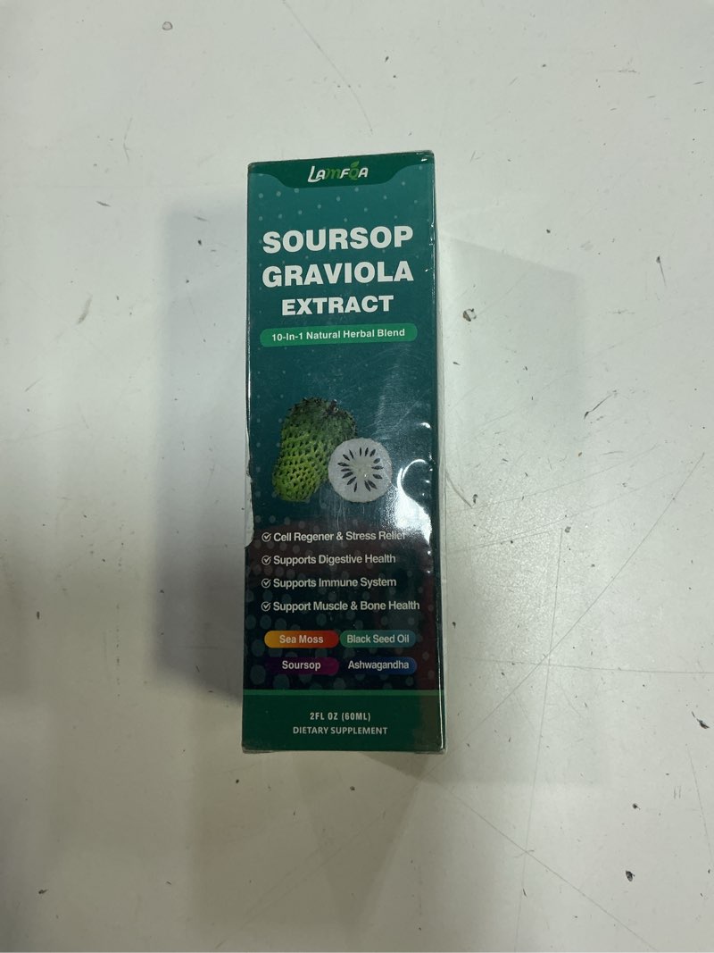 Condition photo showing New/Like New for (exp 09/05/2027 )soursop bitters liquid 10-in-1 with ashwagandha, black seed oil & turmeric, gotu kola for immune support, gut health, cell regeneration & antioxidant, vegan, non-gmo, sugar-free, 2 fl oz 2 fl oz (pack of 1)