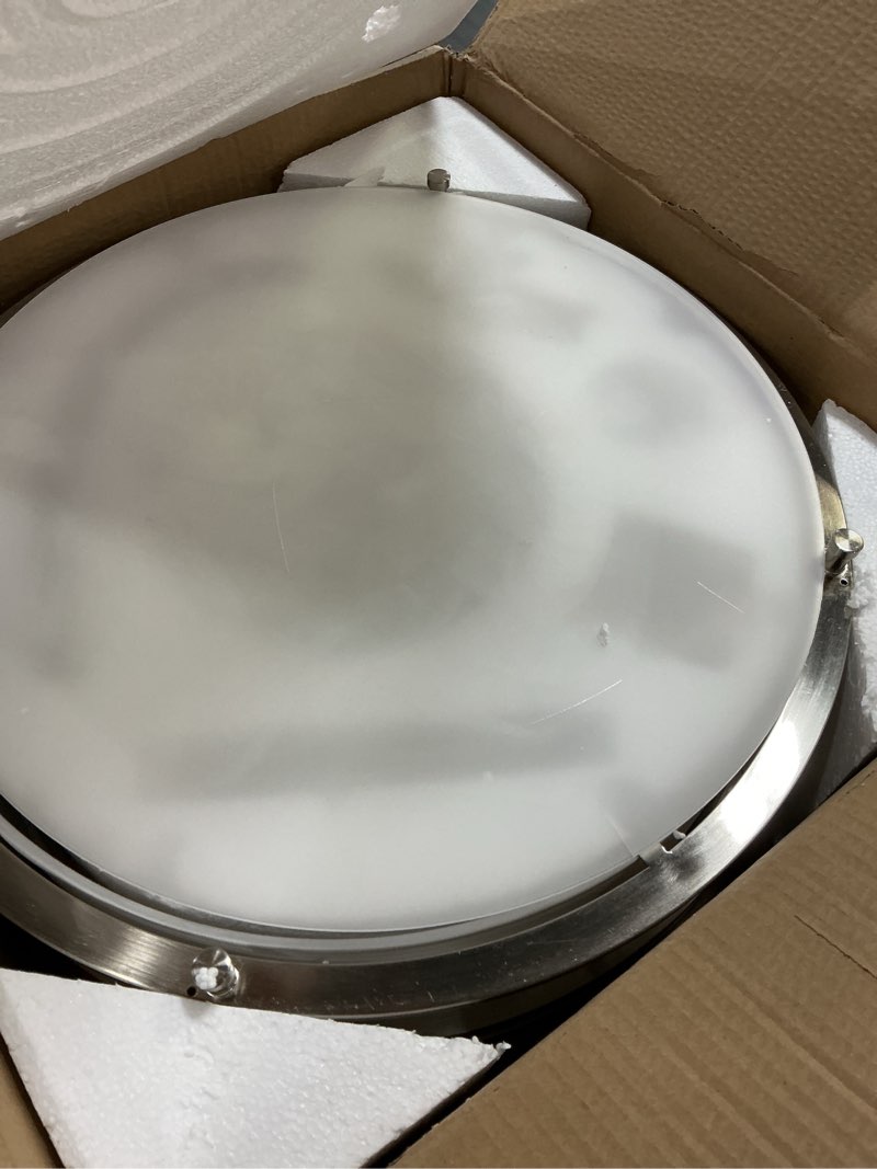 Condition photo showing New/Like New for 20" brushed nickel drum chandeliers for dining room, 5-light modern white fabric chandelier large drum pendant light with round linen shades for kitchen island living room bedroom hallway nickel and white 20 inch
