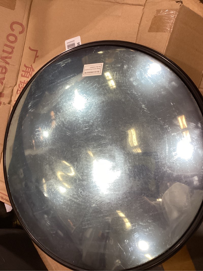 Condition photo showing As Is for 18” polycarbonate outdoor convex security & blind spot mirror - 160° wide angle, shatterproof pc material with auto recovery, rust-proof bracket for parking lots, warehouses, schools, offices & more 18 inches