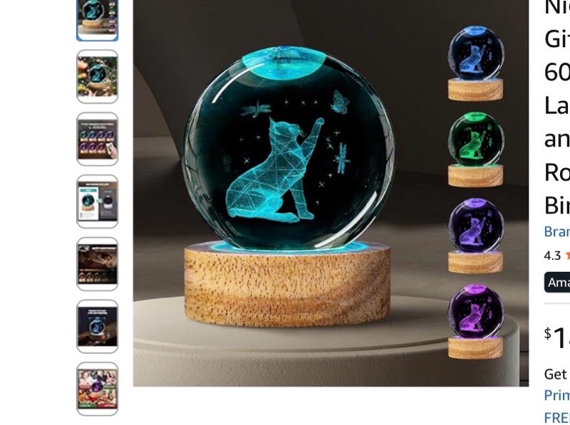WJNYZWBW 3D Cat Crystal Ball Night Light with 16 Color LED Wooden Base with Remote Control?3.15 Inch