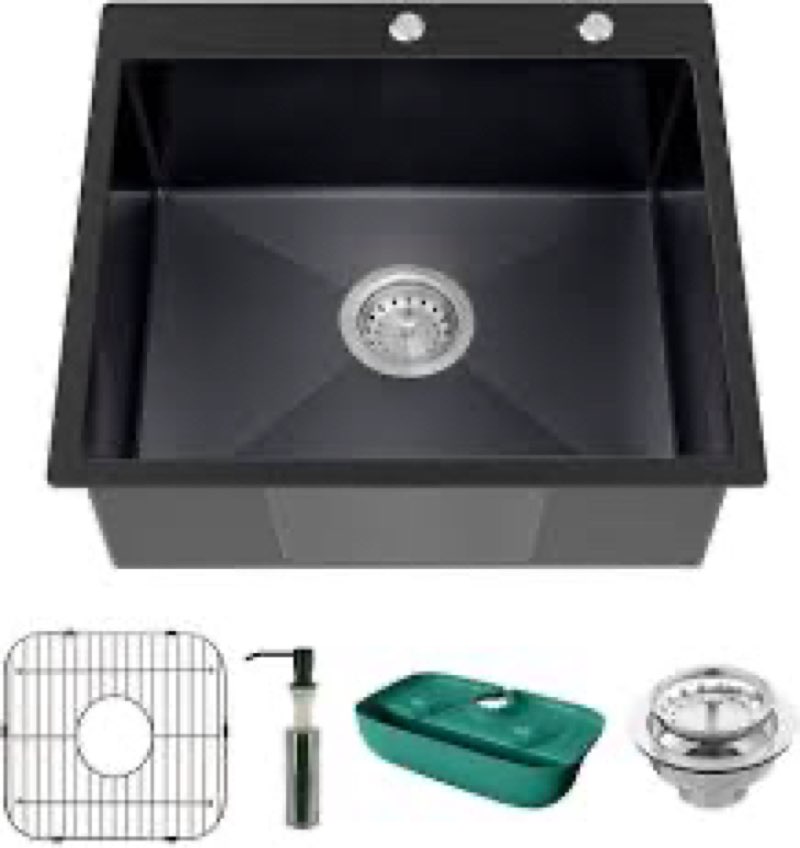 Black Kitchen Sink, Stainless Steel Topmount 25x22x9 Inch Single Bowl Drop In Kitchen Sink Combo- St