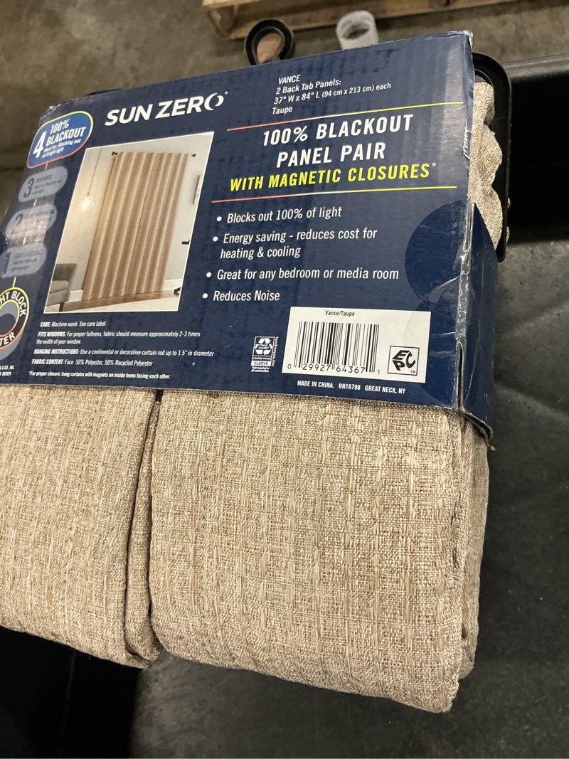 Condition photo showing Good Condition for sun zero vance 2-piece magnetic closure 100% blackout back tab curtain panel pair, 37"x84", taupe