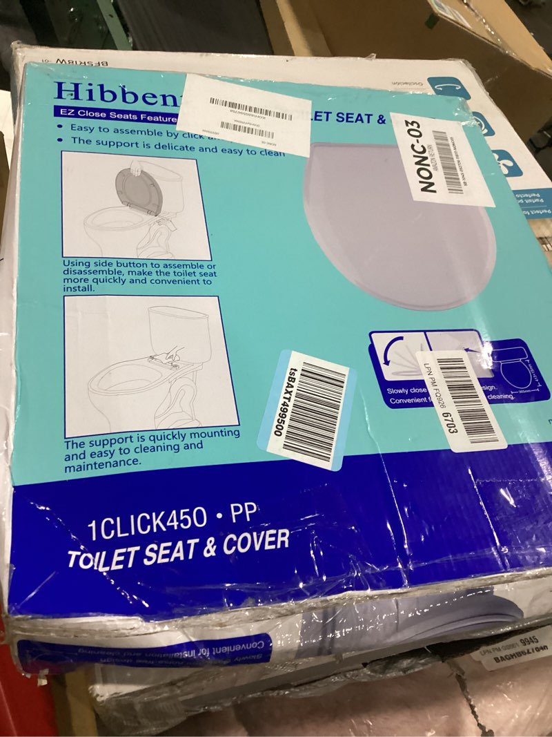 Condition photo showing As Is for hibbent premium round toilet seat with cover quiet close, one-click to quick release, easy installation non-slip seat bumpers, slow close toilet seat and cover, easy cleaning-white color one-click round 16.5"