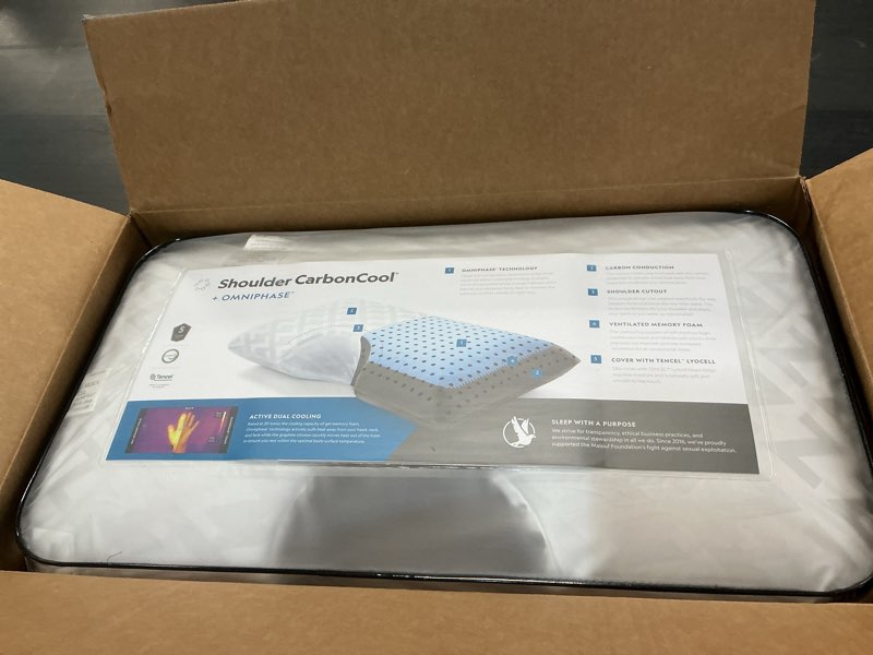 Condition photo showing New/Like New for malouf z shoulder carboncool lt omniphase memory foam pillow–continual temperature regulation–for side sleepers, gray, queen/shoulder cutout