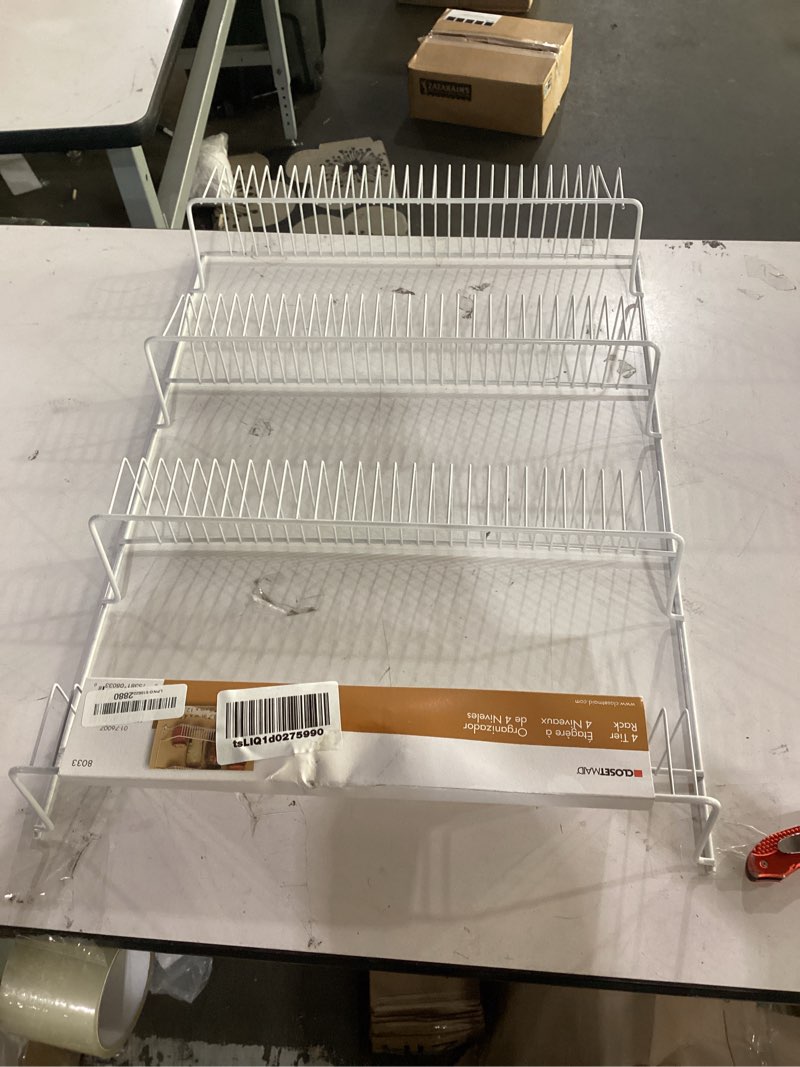 Condition photo showing New/Like New for closetmaid 8033 4-tier wall rack, 18.75" w x 25.75" h x 5" d, white 18-inch wide 4-tier