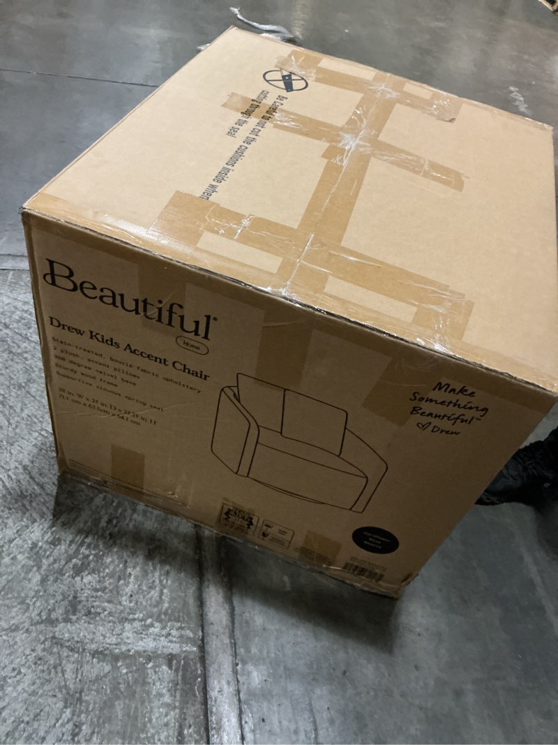 Condition photo showing New/Like New for beautiful drew kids accent chair by drew barrymore, cornflower blue bouclé fabric